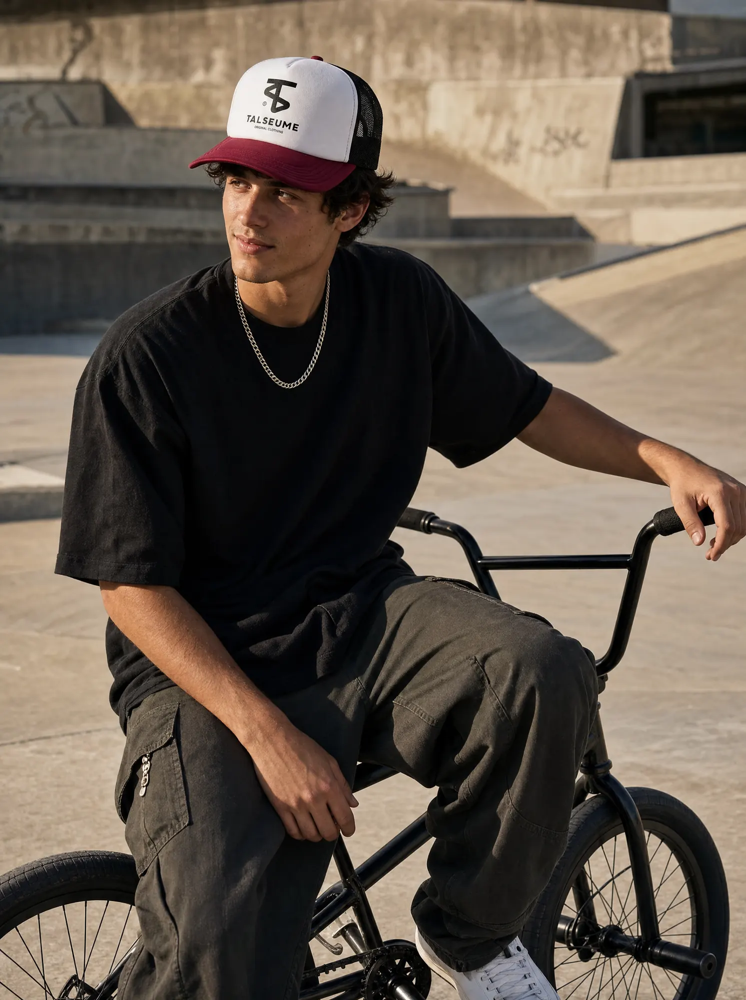 Lookbook Talseume — casquette dans skatepark BMX Paris, scène urbaine streetwear