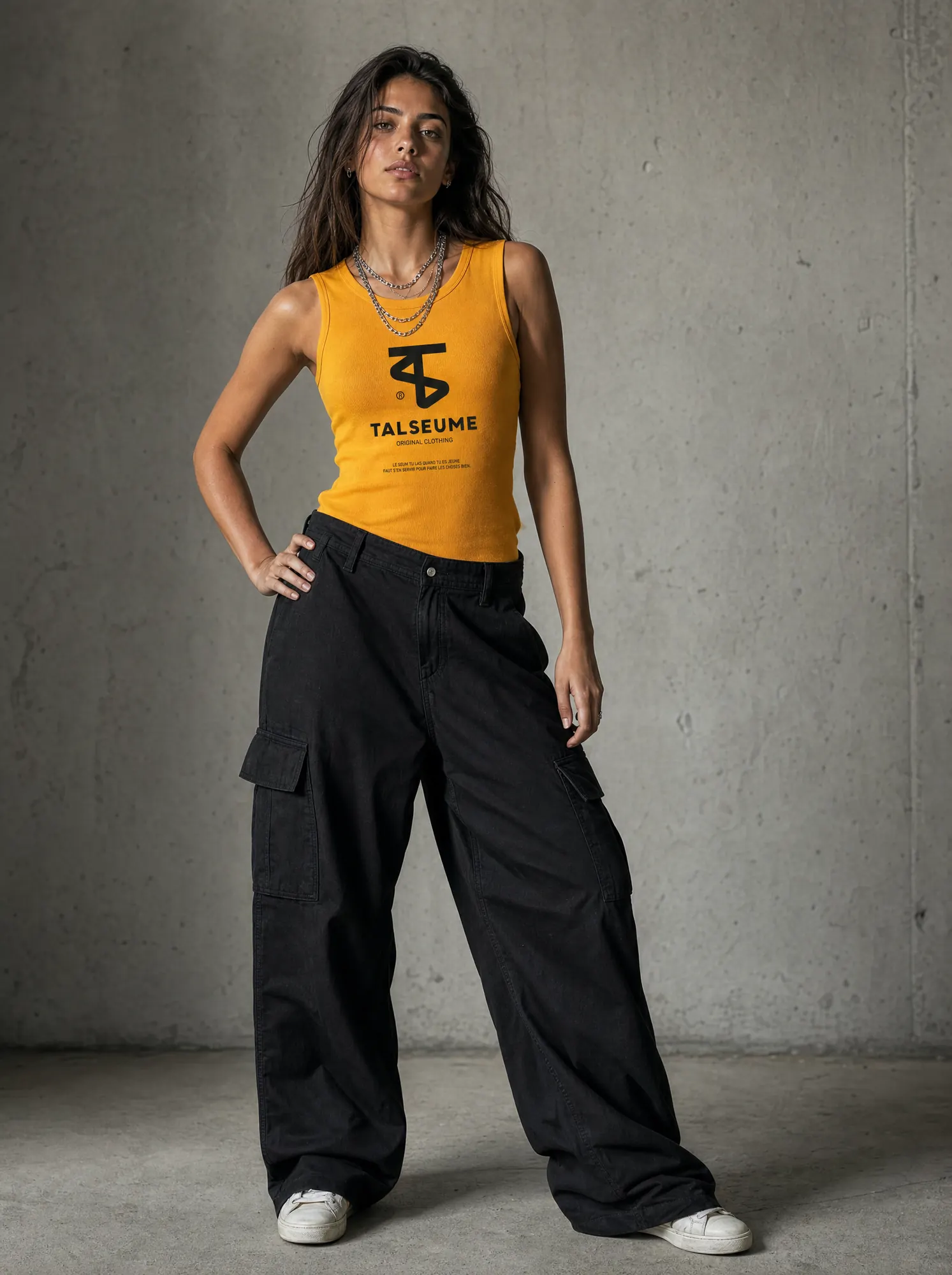 Lookbook Talseume — débardeur femme orange portrait éditorial